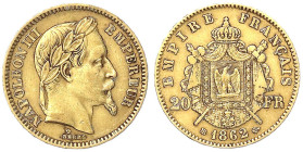 Ausländische Goldmünzen und -medaillen - Frankreich - Napoleon III., 1852-1870
20 Francs 1862 BB, Straßburg. 6,45 g. 900/1000. gutes sehr schön Kraus...