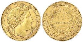 Ausländische Goldmünzen und -medaillen - Frankreich - Dritte Republik, 1871-1940
10 Francs Cereskopf 1895, Paris. 3,23 g. 900/1000. fast vorzüglich K...