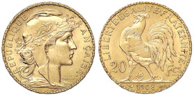 Ausländische Goldmünzen und -medaillen - Frankreich - Dritte Republik, 1871-1940
20 Francs Hahn 1908. 6,45 g. 900/1000. fast Stempelglanz, Prachtexem...