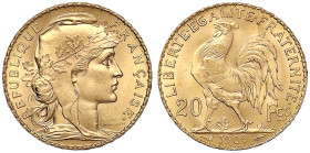 Ausländische Goldmünzen und -medaillen - Frankreich - Dritte Republik, 1871-1940
20 Francs Hahn 1909. 6,45 g. 900/1000. Stempelglanz, Prachtexemplar ...