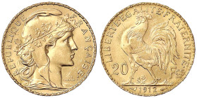 Ausländische Goldmünzen und -medaillen - Frankreich - Dritte Republik, 1871-1940
20 Francs Hahn 1912. 6,45 g. 900/1000. fast Stempelglanz, Prachtexem...