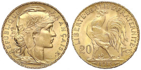 Ausländische Goldmünzen und -medaillen - Frankreich - Dritte Republik, 1871-1940
20 Francs Hahn 1913. 6,45 g. 900/1000. fast Stempelglanz, Prachtexem...