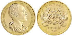 Ausländische Goldmünzen und -medaillen - Ghana - Republik, seit 1958
(2 Pounds) 1960. Tag der Republik. 15,98 g. 917/1000. Polierte Platte Krause/Mis...