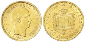 Ausländische Goldmünzen und -medaillen - Griechenland - Georg I., 1863-1913
20 Drachmen 1884 A. 6,45 g. 900/1000. gutes vorzüglich Krause/Mishler 56....