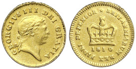 Ausländische Goldmünzen und -medaillen - Grossbritannien - George III., 1760-1820
1/3 Guinea 1810. 2,77 g. 917/1000. sehr schön, Henkelspur, Hitzespu...