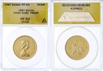 Ausländische Goldmünzen und -medaillen - Hongkong - 
1000 Dollars 1987. Jahr des Hasen. 15,98 g. 917/1000. Im ANACS-Blister mit Grading PF 63 DCAM Kr...