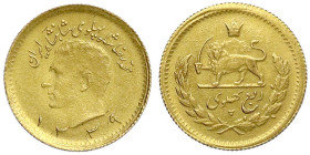 Ausländische Goldmünzen und -medaillen - Iran - Mohammed Reza Pahlavi, 1941-1979
1/4 Pahlavi SH 1339 = 1961. 2,03 g. 900/1000. vorzüglich Krause/Mish...