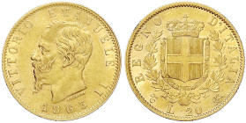 Ausländische Goldmünzen und -medaillen - Italien- Königreich - Vittorio Emanuele II., 1861-1878
20 Lire 1863 T BN. 6,45 g. 900/1000. vorzüglich Kraus...