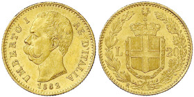 Ausländische Goldmünzen und -medaillen - Italien- Königreich - Umberto I., 1878-1900
20 Lire 1882 R. 6,45 g. 900/1000. vorzüglich/Stempelglanz, winz....