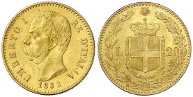 Ausländische Goldmünzen und -medaillen - Italien- Königreich - Umberto I., 1878-1900
20 Lire 1882 R. 6,45 g. 900/1000. vorzüglich/Stempelglanz Krause...