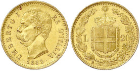 Ausländische Goldmünzen und -medaillen - Italien- Königreich - Umberto I., 1878-1900
20 Lire 1882 R. 6,45 g. 900/1000. vorzüglich Krause/Mishler 21. ...