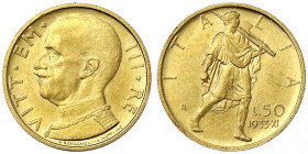 Ausländische Goldmünzen und -medaillen - Italien- Königreich - Vittorio Emanuele III., 1900-1945
50 Lire 1933, Jahr XI. 4,4 g. 900/1000. Auflage nur ...