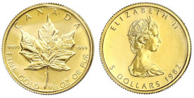 Ausländische Goldmünzen und -medaillen - Kanada - Britisch, seit 1763
5 Dollars Maple Leaf 1982. 1/10 Unze Feingold. Original verschweißt. Stempelgla...