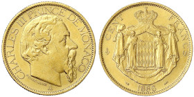 Ausländische Goldmünzen und -medaillen - Monaco - Charles III., 1856-1889
100 Francs 1886. 32,26 g. 900/1000. sehr schön/vorzüglich, Randfehler Fried...