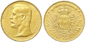 Ausländische Goldmünzen und -medaillen - Monaco - Albert I., 1889-1922
100 Francs 1896 A, Paris. 32,25 g. 900/1000. fast vorzüglich, kl. Randfehler F...