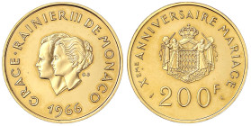 Ausländische Goldmünzen und -medaillen - Monaco - Rainer III., 1949-2005
200 Francs 1966. 10. Hochzeitstag von Grace Patricia und Fürst Rainer, 32 g....
