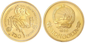 Ausländische Goldmünzen und -medaillen - Mongolei - 
750 Tugrik 1980, Tanzende Kinder. 18,79 g. 900/1000. In Kapsel. Polierte Platte Schön 40. Krause...