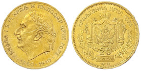 Ausländische Goldmünzen und -medaillen - Montenegro - Nikolaus I., 1860-1918
20 Perpera 1910, 50 Jahre Regierung. 6,78 g. 900/1000. Im NGC-Blister mi...