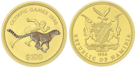 Ausländische Goldmünzen und -medaillen - Namibia - 
100 Dollars Farbmünze 1996, Olympiade. Sprinter und Gepard. 1 Unze Feingold. Auflage nur 400 Ex. ...
