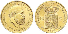 Ausländische Goldmünzen und -medaillen - Niederlande - Willem III., 1849-1890
10 Gulden 1876. 6,72 g. 900/1000. fast Stempelglanz, kl. Randfehler Kra...
