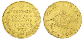 Ausländische Goldmünzen und -medaillen - Russland - Nikolaus I., 1825-1855
5 Rubel 1831, St. Petersburg. fast vorzüglich, kl. Randfehler Bitkin 6. Fr...