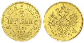 Ausländische Goldmünzen und -medaillen - Russland - Alexander II., 1855-1881
3 Rubel 1875 HI, St. Petersburg. 3,92 g. Variante: Die Zähne des Zahnkre...