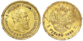Ausländische Goldmünzen und -medaillen - Russland - Alexander III., 1881-1894
5 Rubel 1889, St. Petersburg. Ohne Mmz. am Halsabschnitt. 6,45 g. 900/1...