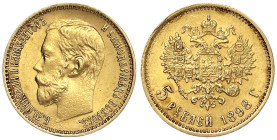 Ausländische Goldmünzen und -medaillen - Russland - Nikolaus II., 1894-1917
5 Rubel 1898, St. Petersburg. 4,30 g. 900/1000. vorzüglich, kl. Randfehle...