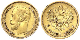 Ausländische Goldmünzen und -medaillen - Russland - Nikolaus II., 1894-1917
5 Rubel 1898, St. Petersburg. 4,30 g. 900/1000. sehr schön Bitkin 20. Fri...