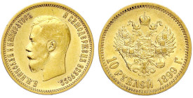 Ausländische Goldmünzen und -medaillen - Russland - Nikolaus II., 1894-1917
10 Rubel 1899, St. Petersburg. 8,60 g. 900/1000. gutes vorzüglich, winz. ...