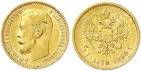Ausländische Goldmünzen und -medaillen - Russland - Nikolaus II., 1894-1917
5 Rubel 1899, St. Petersburg. 4,30 g. 900/1000. gutes vorzüglich Bitkin 2...