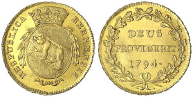 Ausländische Goldmünzen und -medaillen - Schweiz - Bern, Kanton
Doppelduplone 1794, Rs. Spruch. 15,22 g. vorzüglich/Stempelglanz, Prachtexemplar Divo...