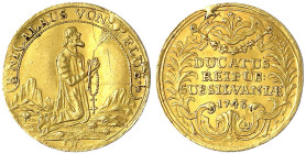 Ausländische Goldmünzen und -medaillen - Schweiz - Obwalden
Dukat 1743, Sarnen. Schrift mit Jahreszahl im Kranz/kniender Bruder Klaus (Niklaus) beten...
