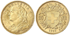 Ausländische Goldmünzen und -medaillen - Schweiz - Eidgenossenschaft, seit 1850
20 Franken Vreneli 1926 B. 6,45 g. 900/1000. Seltenes Jahr. Stempelgl...