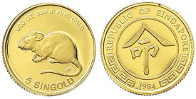 Ausländische Goldmünzen und -medaillen - Singapur - 
5 SINGOLD (1/20 Unze Feingold) 1984, Jahr der Ratte. In Kapsel. Auflage 5000 Ex. Polierte Platte...