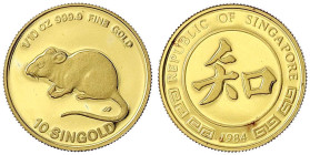 Ausländische Goldmünzen und -medaillen - Singapur - 
10 SINGOLD (1/10 Unze Feingold) 1984, Jahr der Ratte. In Kapsel. Auflage 5000 Ex. Polierte Platt...