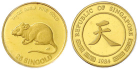 Ausländische Goldmünzen und -medaillen - Singapur - 
25 SINGOLD (1/4 Unze Feingold) 1984, Jahr der Ratte. In Kapsel. Auflage 2500 Ex. Polierte Platte...