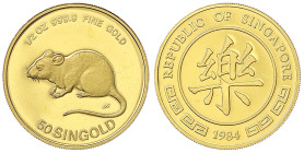 Ausländische Goldmünzen und -medaillen - Singapur - 
50 SINGOLD (1/2 Unze Feingold) 1984, Jahr der Ratte. In Kapsel. Auflage 2500 Ex. Polierte Platte...