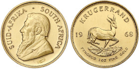 Ausländische Goldmünzen und -medaillen - Südafrika - Republik, seit 1961
Krügerrand 1968. 1 Unze Feingold. 2. Jahr. BU, selten Krause/Mishler 73.
