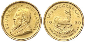 Ausländische Goldmünzen und -medaillen - Südafrika - Republik, seit 1961
1/10 Krügerrand 1980. 1/10 Unze Gold. Stempelglanz Krause/Mishler 105.
