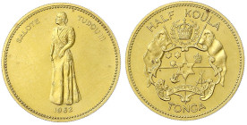 Ausländische Goldmünzen und -medaillen - Tonga - Salote Tupou III., 1918-1965
Half Koula 1962, Königin Salote. 16,25 g. 916/1000. Geringe Auflage. fa...