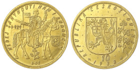 Ausländische Goldmünzen und -medaillen - Tschechoslowakei - 
10 Dukaten 1932. Hl. Wenzel zu Pferd. 34,87 g. 986/1000.Auflage nur 1035 Ex. fast Stempe...