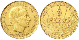 Ausländische Goldmünzen und -medaillen - Uruguay - Republik, seit 1830
5 Pesos 1930. 100 Jahre Republik. 8,485 g. 917/1000. Auflage nur 14415 Ex. vor...