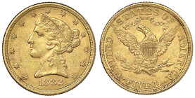 Ausländische Goldmünzen und -medaillen - Vereinigte Staaten von Amerika - Unabhängigkeit, seit 1776
5 Dollars 1882, Philadelphia. Coronet Head. 8,36 ...