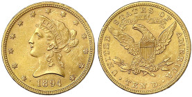 Ausländische Goldmünzen und -medaillen - Vereinigte Staaten von Amerika - Unabhängigkeit, seit 1776
10 Dollars 1894, Philadelphia. Coronet Head. 16,7...