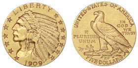 Ausländische Goldmünzen und -medaillen - Vereinigte Staaten von Amerika - Unabhängigkeit, seit 1776
5 Dollars 1909, Philadelphia. Indianer. 8,36 g. 9...