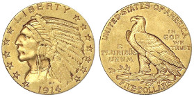Ausländische Goldmünzen und -medaillen - Vereinigte Staaten von Amerika - Unabhängigkeit, seit 1776
5 Dollars 1914 D, Denver. Indianer. 8,36 g. 900/1...