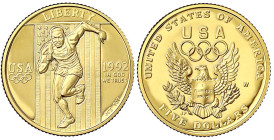 Ausländische Goldmünzen und -medaillen - Vereinigte Staaten von Amerika - Unabhängigkeit, seit 1776
5 Dollars 1992, Olympiade, Sprinter vor Nationalf...