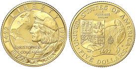 Ausländische Goldmünzen und -medaillen - Vereinigte Staaten von Amerika - Unabhängigkeit, seit 1776
5 Dollars 1992, Kolumbus. 8,36 g. 900/1000. In Ka...