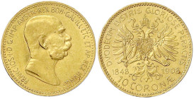 Gold der Habsburger Erblande und Österreichs - Haus Habsburg - Franz Joseph I., 1848-1916
10 Kronen 1908. Regierungsjubiläum. 3,39 g. 900/1000. gutes...